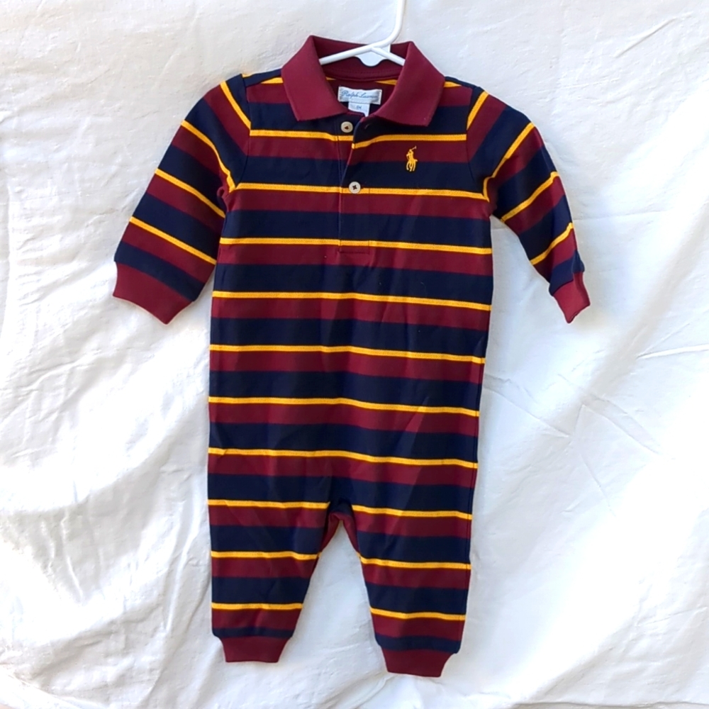 NWT Ralph Lauren Baby Striped Cotton Mesh Polo Coverall - Classic Wine Multi
